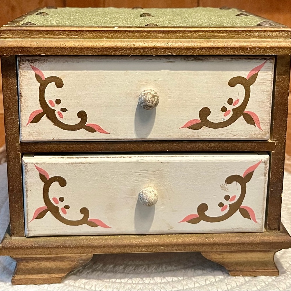 Super Cute,  pink Vintage Florentine style wooden jewelry box from the 60s.